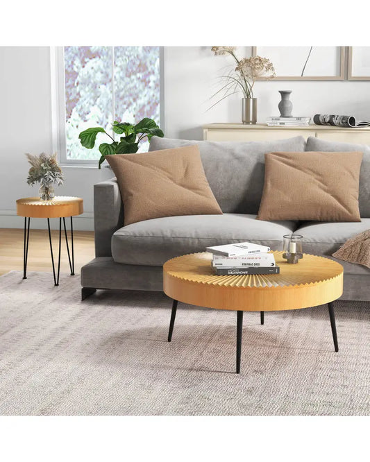 2 Set of Wooden Coffee Table with Metal Legs and Adjustable Foot Pads-Radial Pattern - Natural - Coffee Tables