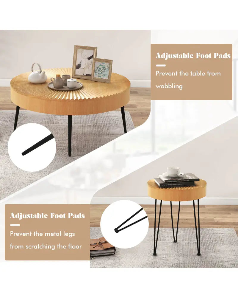 2 Set of Wooden Coffee Table with Metal Legs and Adjustable Foot Pads-Radial Pattern - Natural - Coffee Tables