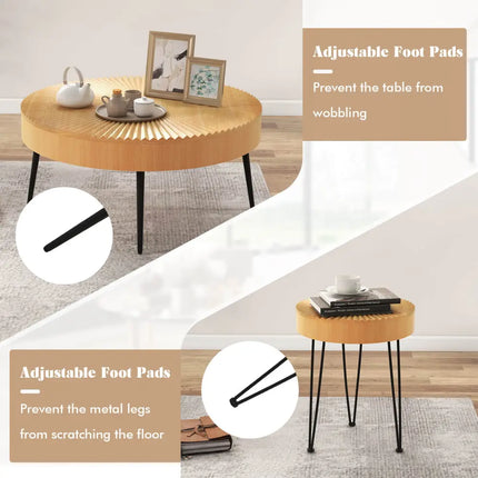 2 Set of Wooden Coffee Table with Metal Legs and Adjustable Foot Pads-Radial Pattern Costway