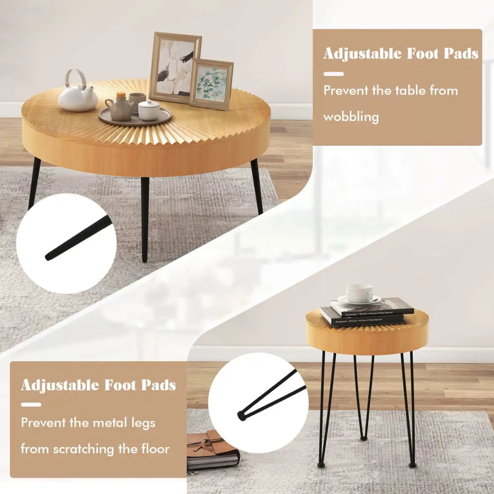 2 Set of Wooden Coffee Table with Metal Legs and Adjustable Foot Pads-Radial Pattern Costway
