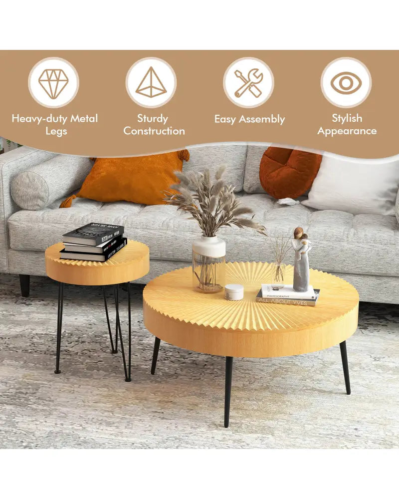 2 Set of Wooden Coffee Table with Metal Legs and Adjustable Foot Pads-Radial Pattern - Natural - Coffee Tables