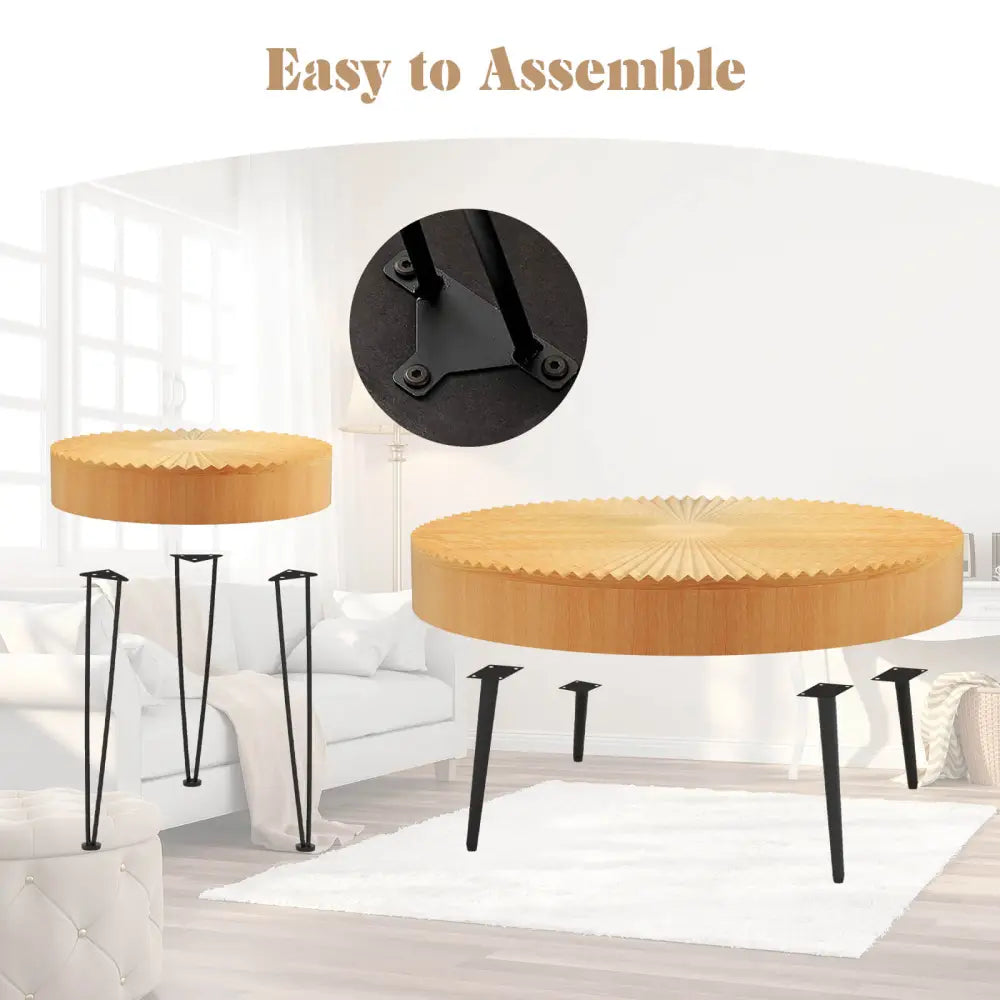 2 Set of Wooden Coffee Table with Metal Legs and Adjustable Foot Pads-Radial Pattern Costway