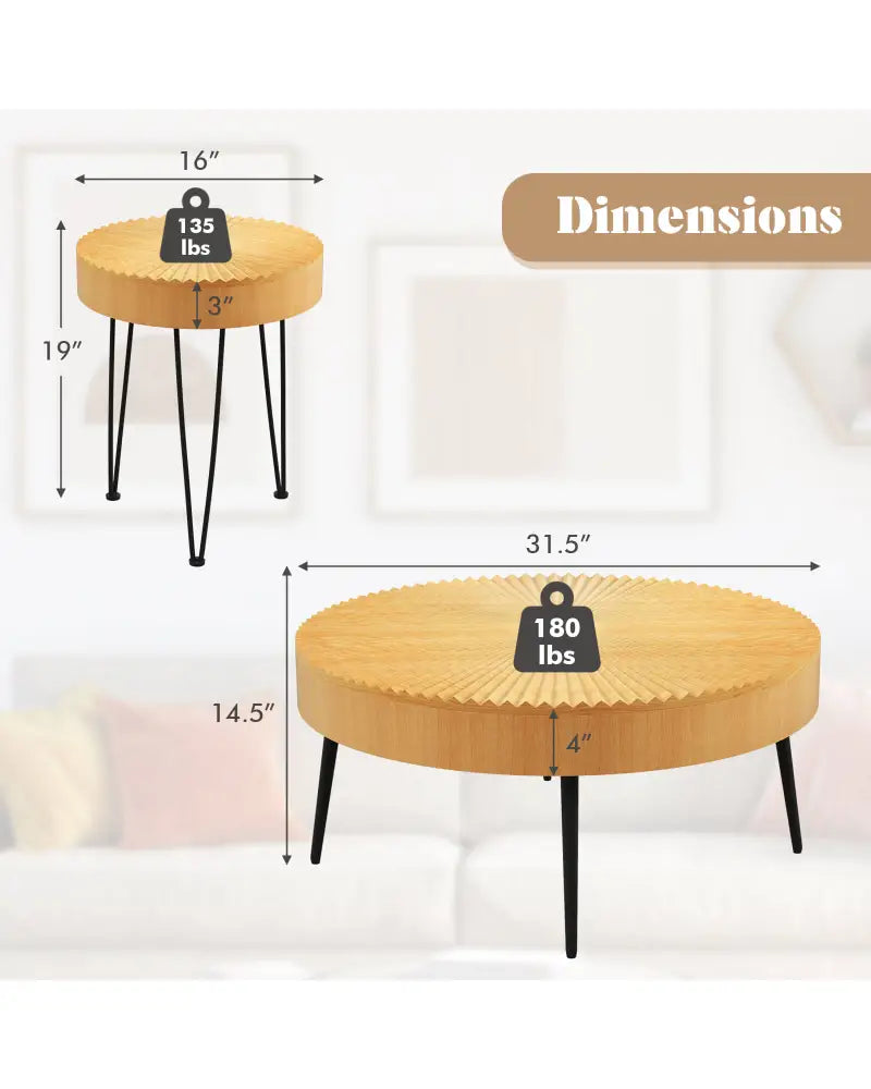 2 Set of Wooden Coffee Table with Metal Legs and Adjustable Foot Pads-Radial Pattern - Natural - Coffee Tables