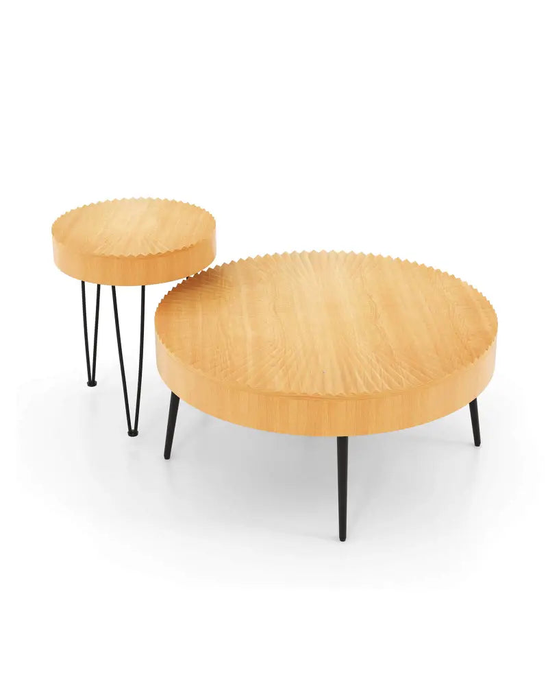 2 Set of Wooden Coffee Table with Metal Legs and Adjustable Foot Pads-Radial Pattern - Natural - Coffee Tables