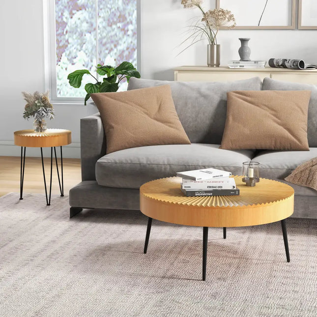 2 Set of Wooden Coffee Table with Metal Legs and Adjustable Foot Pads-Radial Pattern Costway