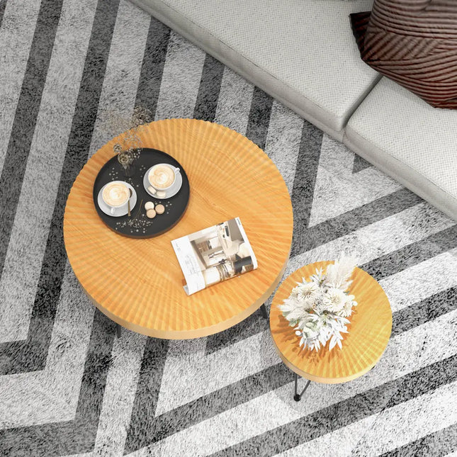 2 Set of Wooden Coffee Table with Metal Legs and Adjustable Foot Pads-Radial Pattern Costway