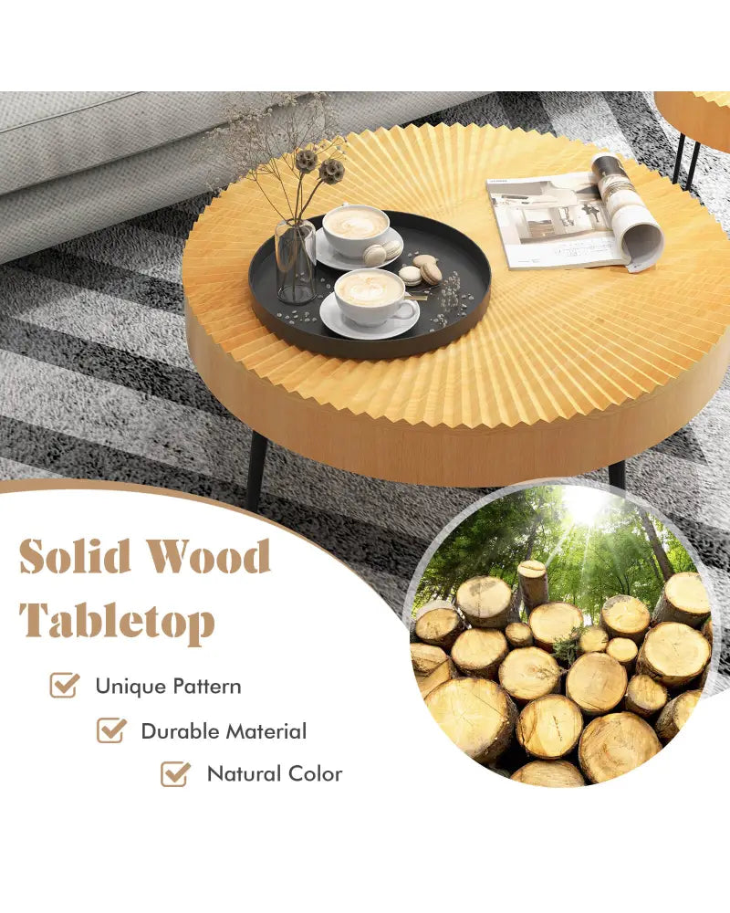 2 Set of Wooden Coffee Table with Metal Legs and Adjustable Foot Pads-Radial Pattern - Natural - Coffee Tables