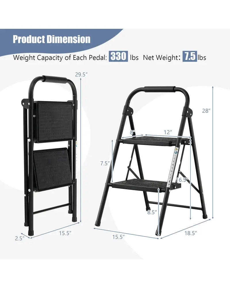 2-Step/3-Step Ladder with Wide Anti-Slip Pedal-2-Step - Black - Ladders