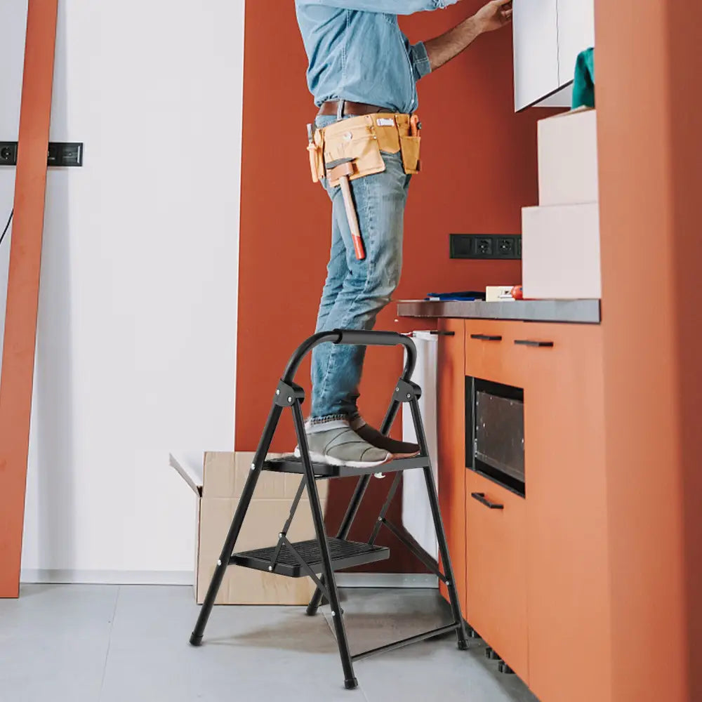 2-Step/3-Step Ladder with Wide Anti-Slip Pedal-2-Step - Black - Ladders