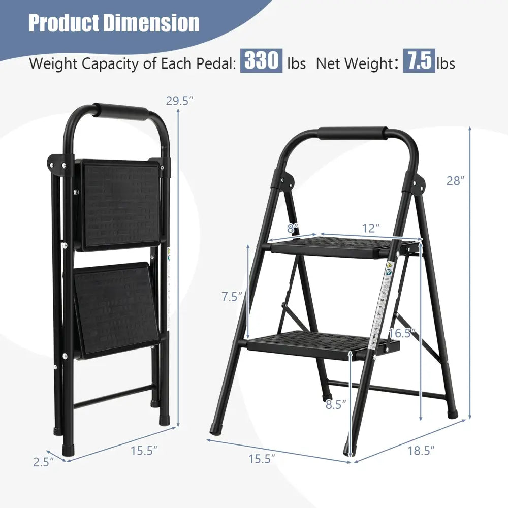 2-Step/3-Step Ladder with Wide Anti-Slip Pedal-2-Step - Black - Ladders