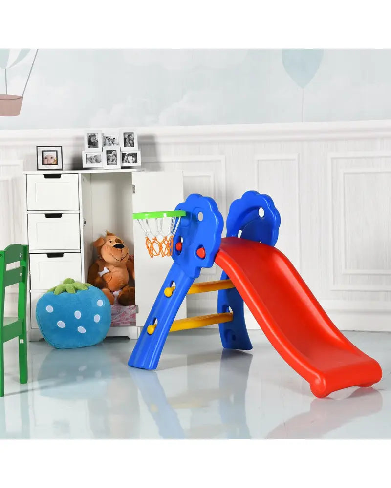 2 Step Indoors Kids Plastic Folding Slide with Basketball Hoop - Multicolor - Climbers & Slides