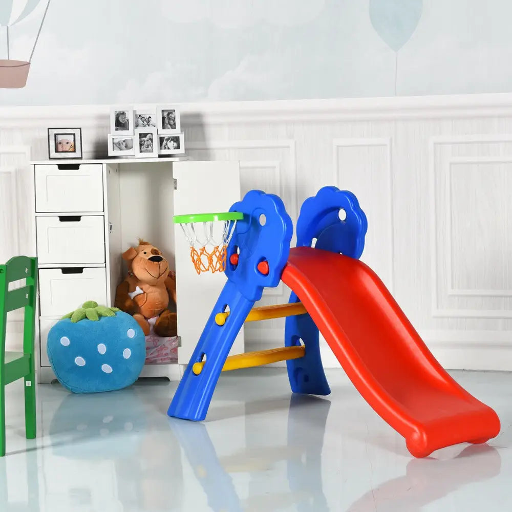 2 Step Indoors Kids Plastic Folding Slide with Basketball Hoop - Multicolor - Climbers & Slides