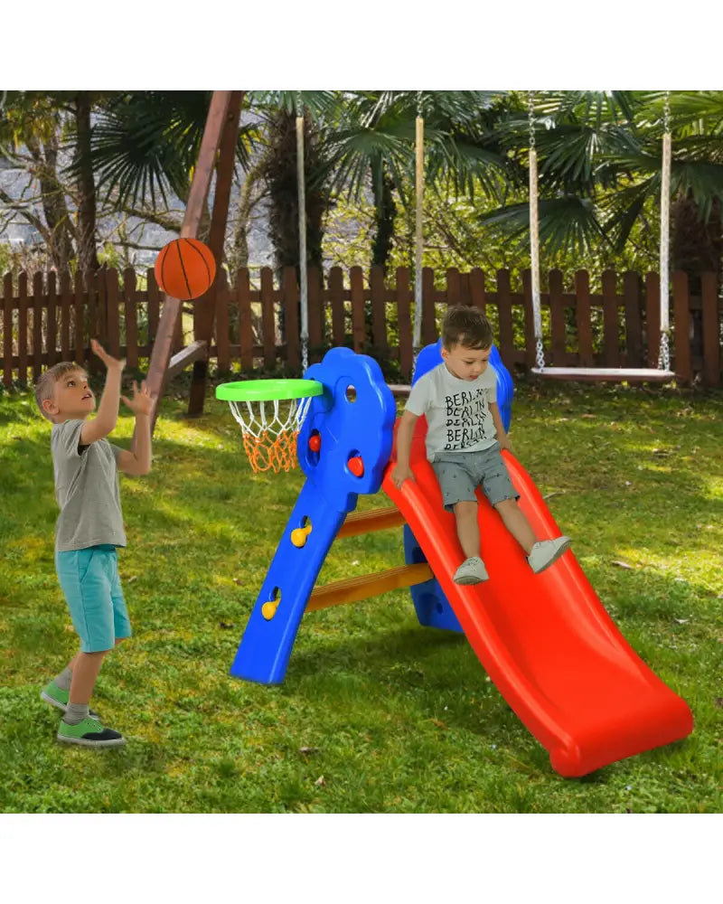 2 Step Indoors Kids Plastic Folding Slide with Basketball Hoop - Multicolor - Climbers & Slides