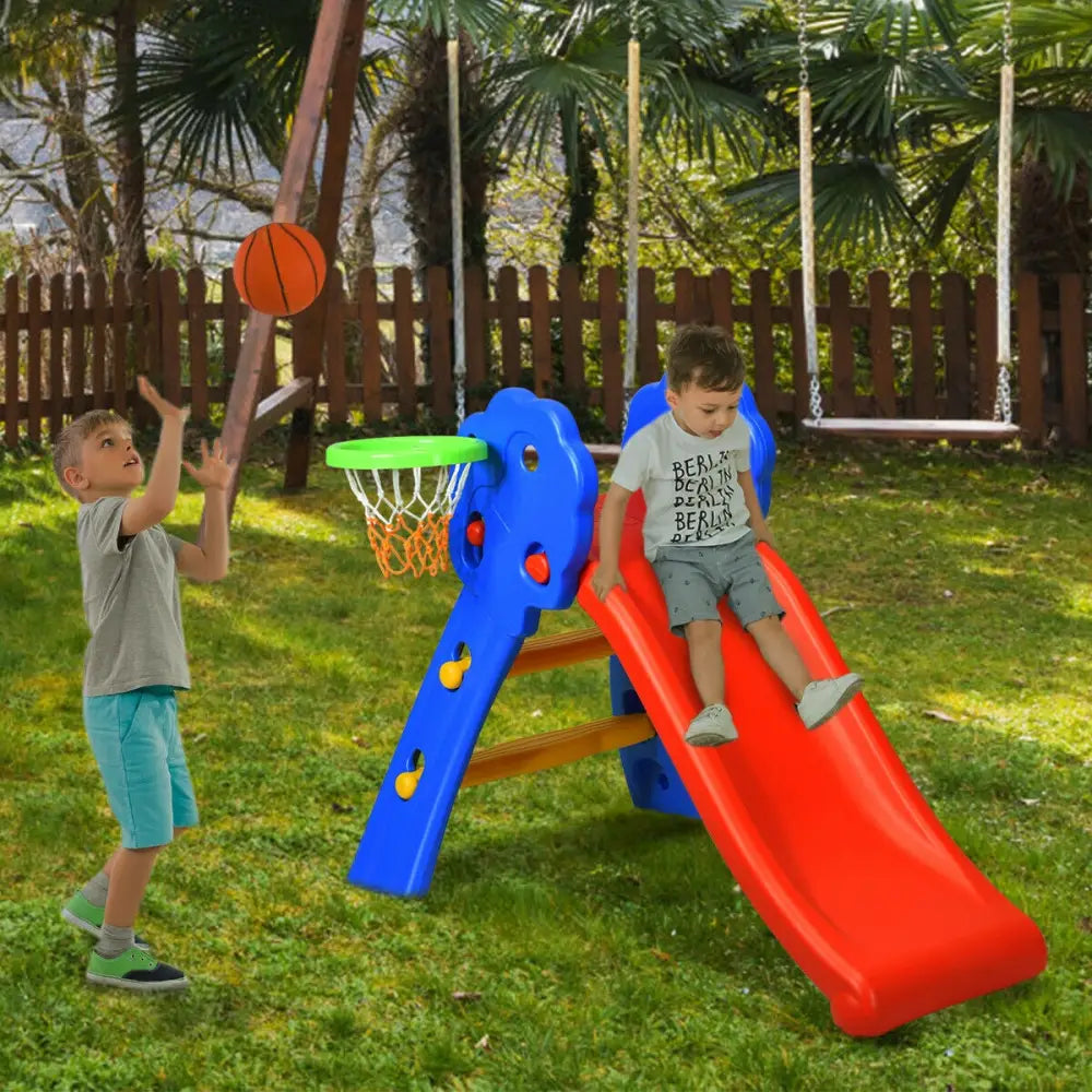 2 Step Indoors Kids Plastic Folding Slide with Basketball Hoop - Multicolor - Climbers & Slides