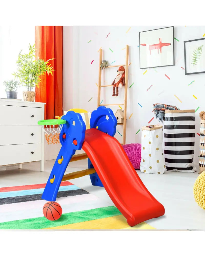 2 Step Indoors Kids Plastic Folding Slide with Basketball Hoop - Multicolor - Climbers & Slides