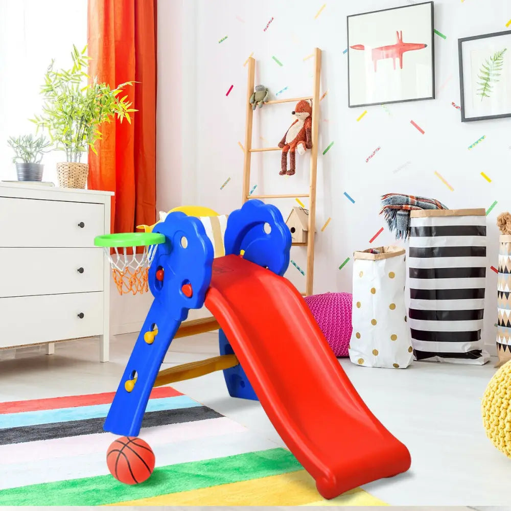 2 Step Indoors Kids Plastic Folding Slide with Basketball Hoop - Multicolor - Climbers & Slides