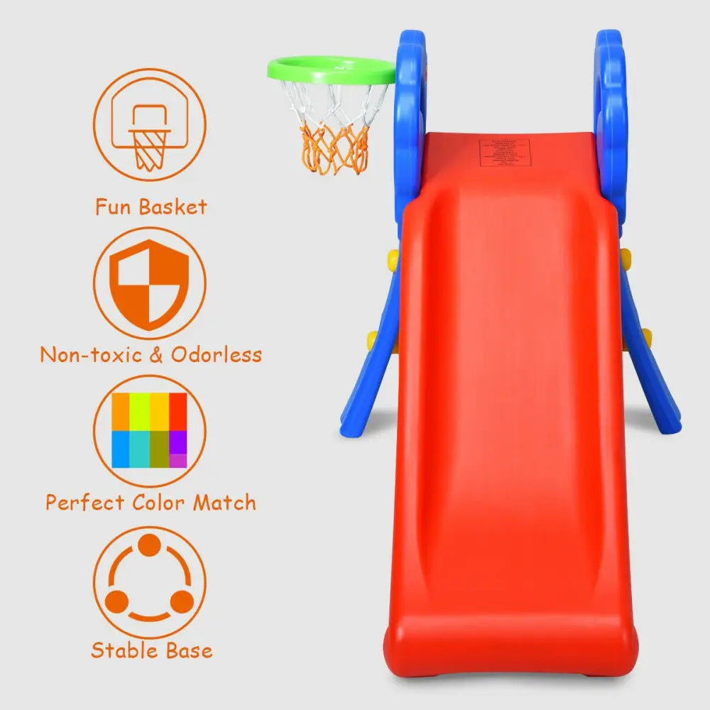 2 Step Indoors Kids Plastic Folding Slide with Basketball Hoop - Multicolor - Climbers & Slides