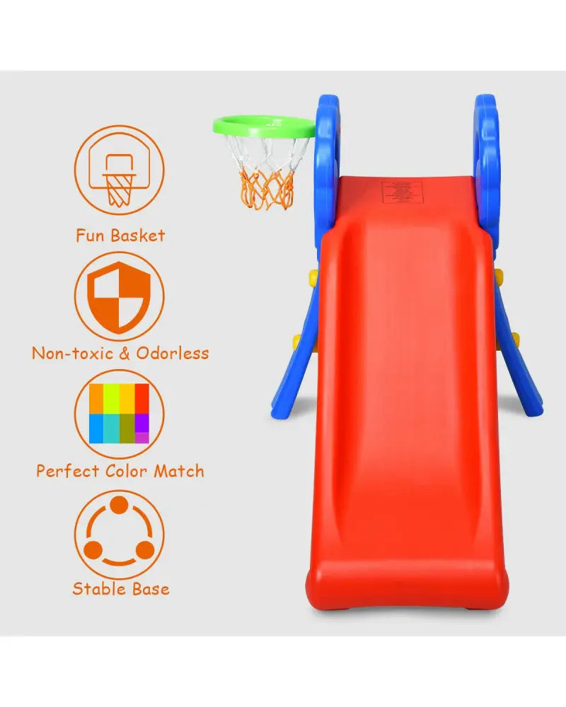 2 Step Indoors Kids Plastic Folding Slide with Basketball Hoop - Multicolor - Climbers & Slides