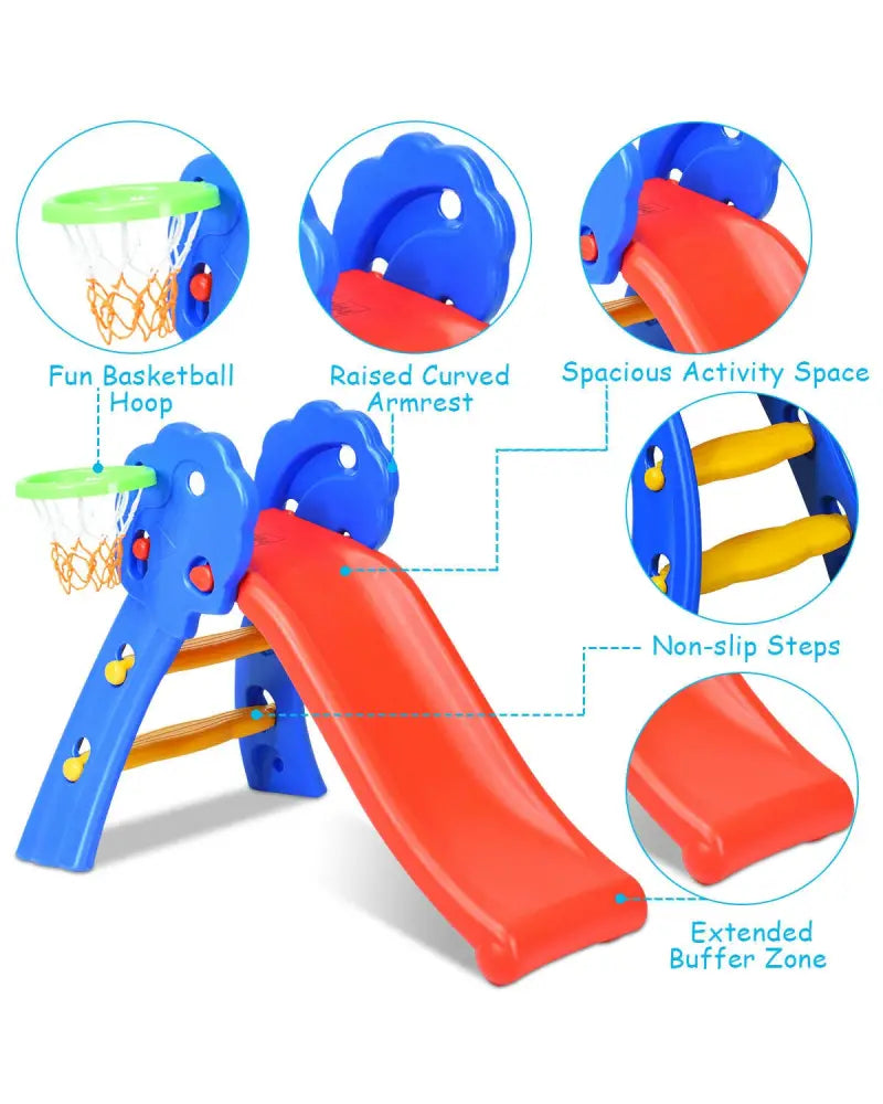 2 Step Indoors Kids Plastic Folding Slide with Basketball Hoop - Multicolor - Climbers & Slides
