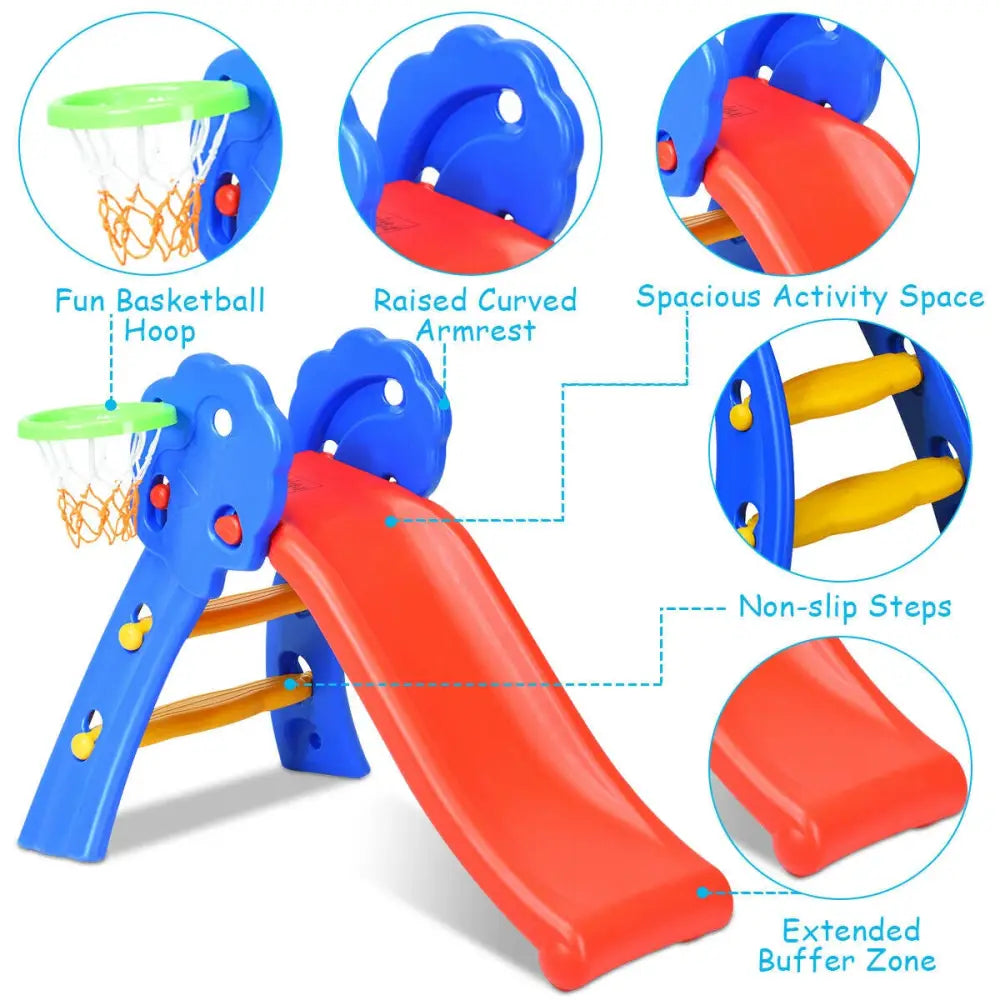 2 Step Indoors Kids Plastic Folding Slide with Basketball Hoop - Multicolor - Climbers & Slides