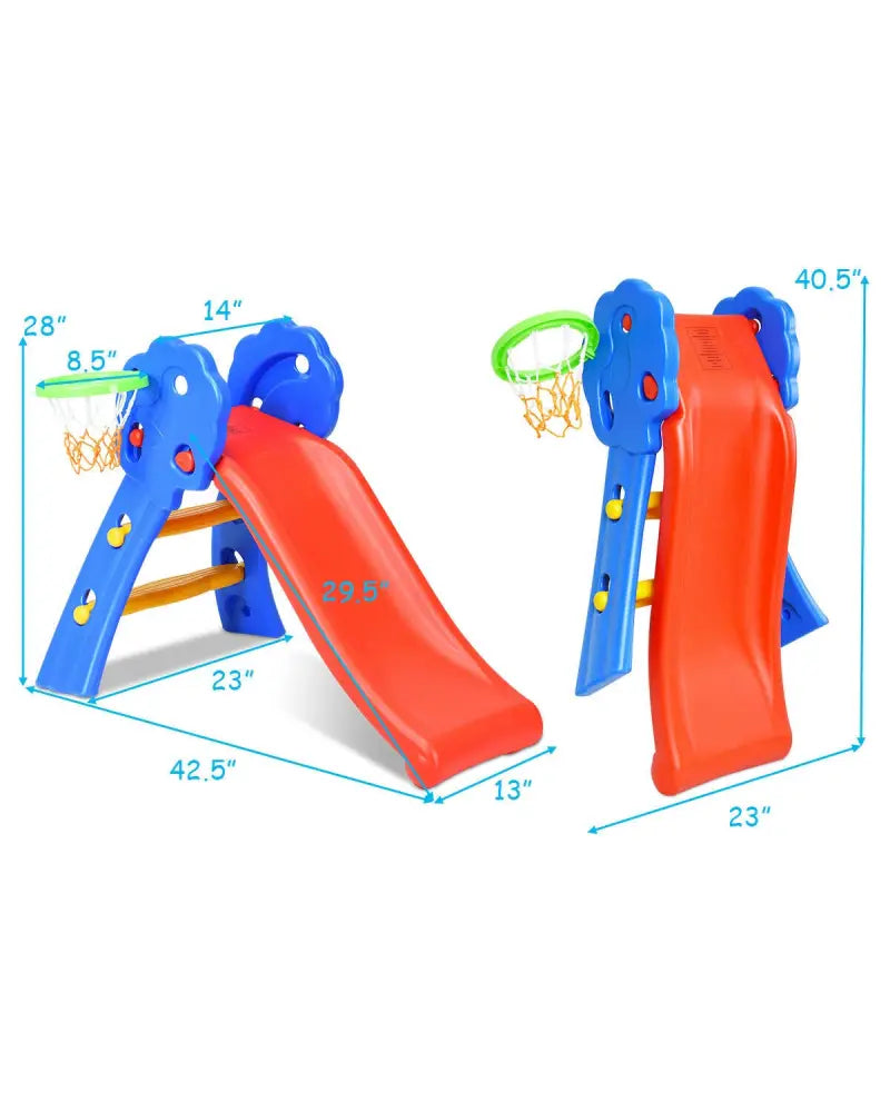 2 Step Indoors Kids Plastic Folding Slide with Basketball Hoop - Multicolor - Climbers & Slides