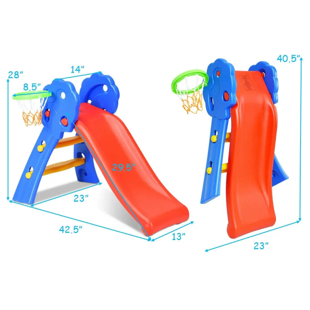 2 Step Indoors Kids Plastic Folding Slide with Basketball Hoop - Multicolor - Climbers & Slides