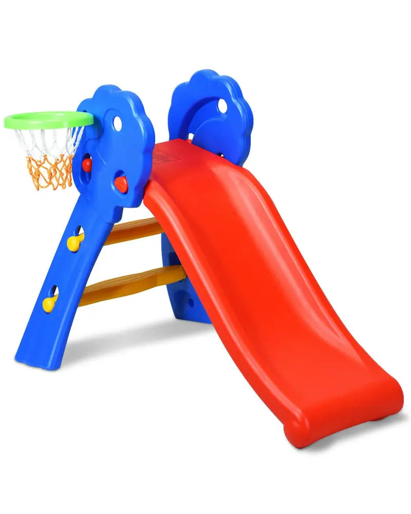 2 Step Indoors Kids Plastic Folding Slide with Basketball Hoop - Multicolor - Climbers & Slides
