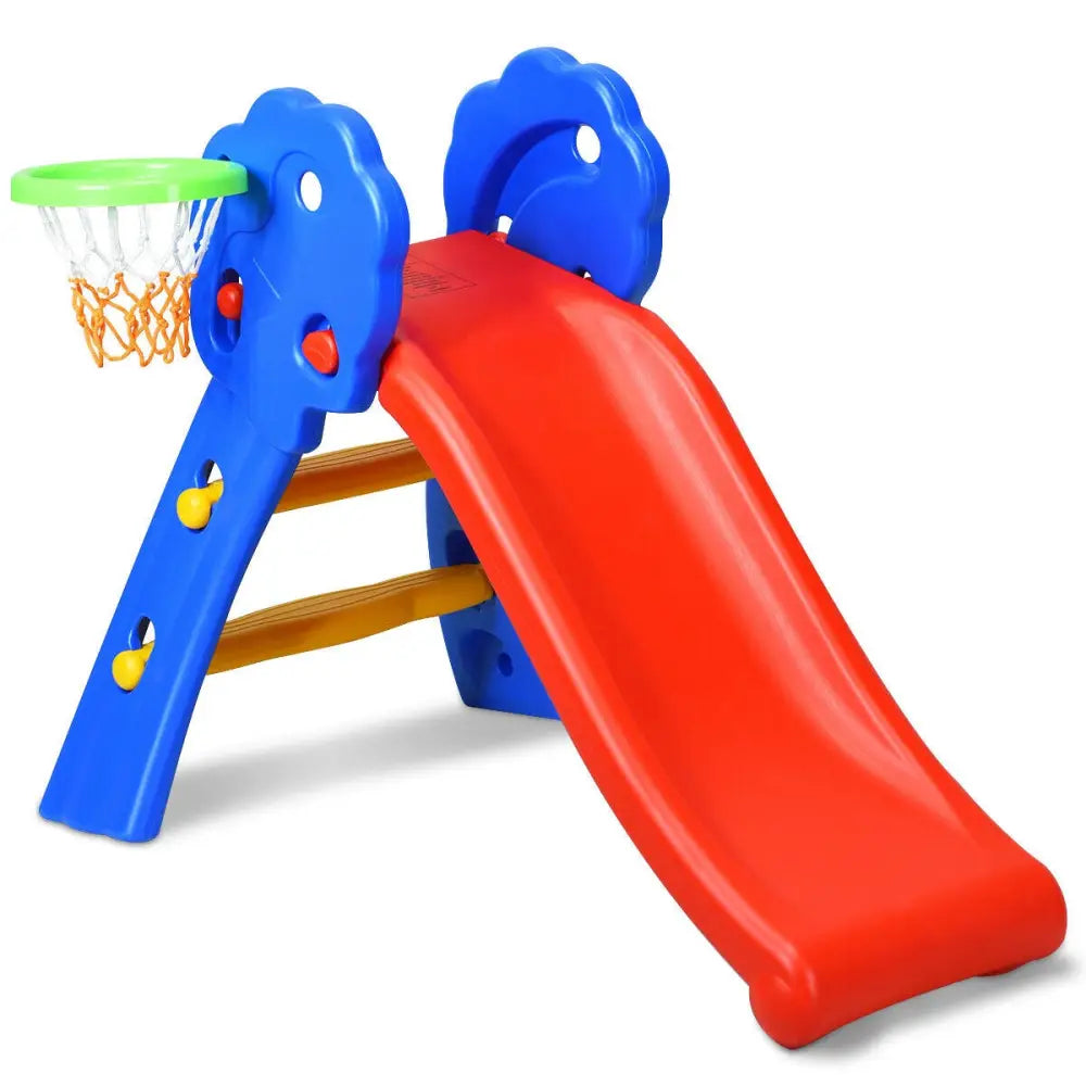 2 Step Indoors Kids Plastic Folding Slide with Basketball Hoop - Multicolor - Climbers & Slides