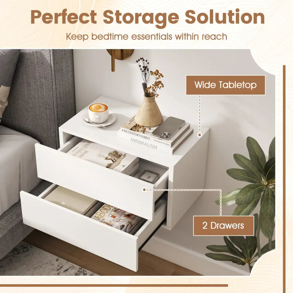 2 Storage Drawers Wall Mounted Floating Nightstand for Bedroom-White - White - Nightstands