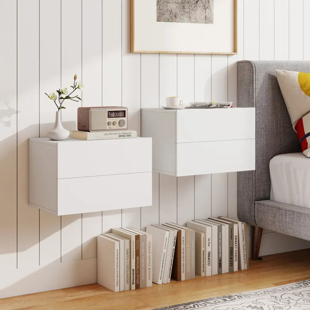 2 Storage Drawers Wall Mounted Floating Nightstand for Bedroom-White - White - Nightstands