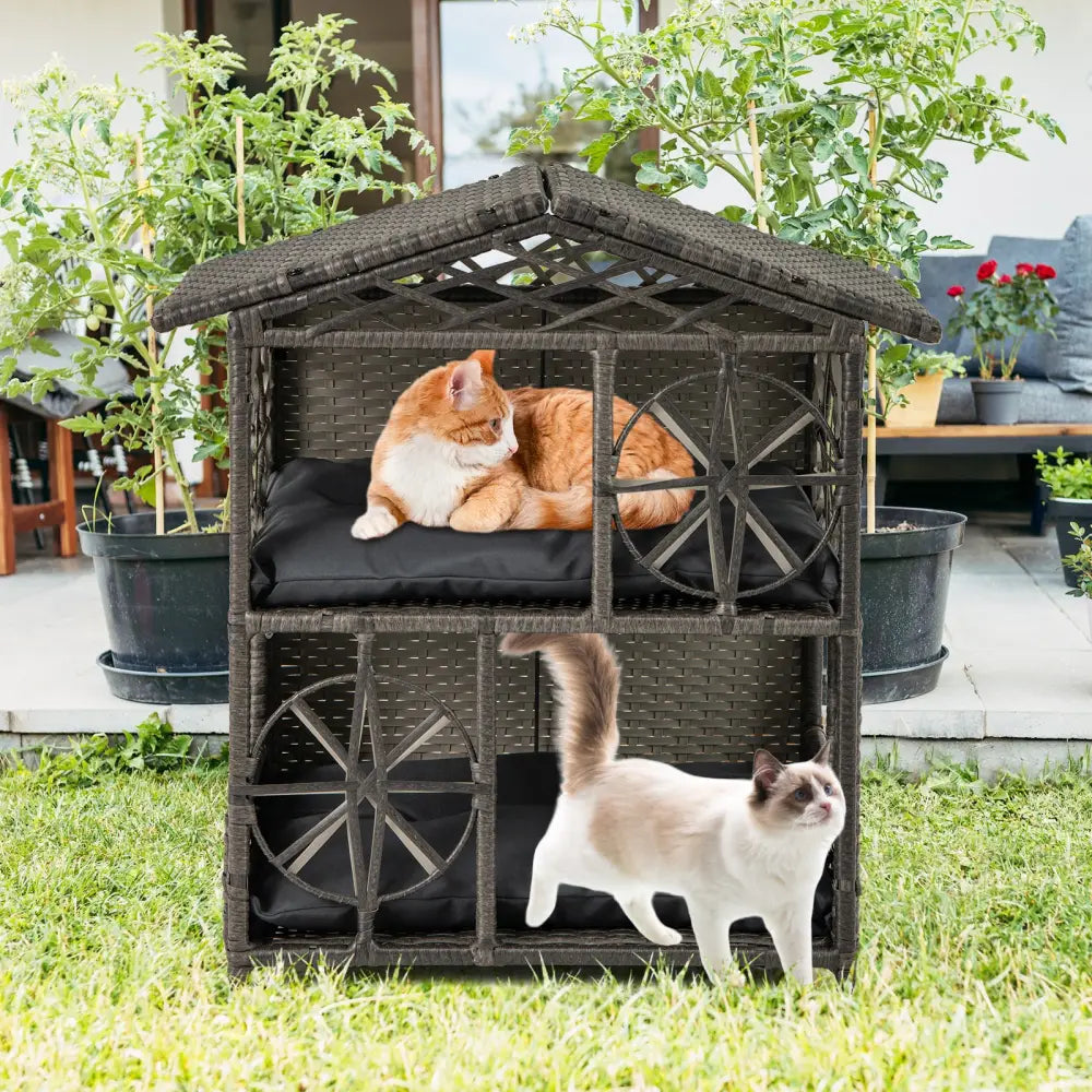 2-storey Wicker Cat House Rattan Kitten Condo Enclosure with Removable Cushions-Gray - Gray - Cat Houses
