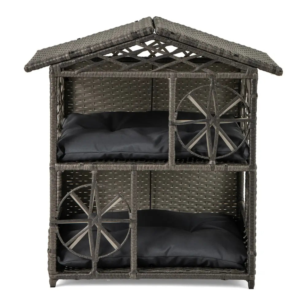 2-storey Wicker Cat House Rattan Kitten Condo Enclosure with Removable Cushions-Gray - Gray - Cat Houses