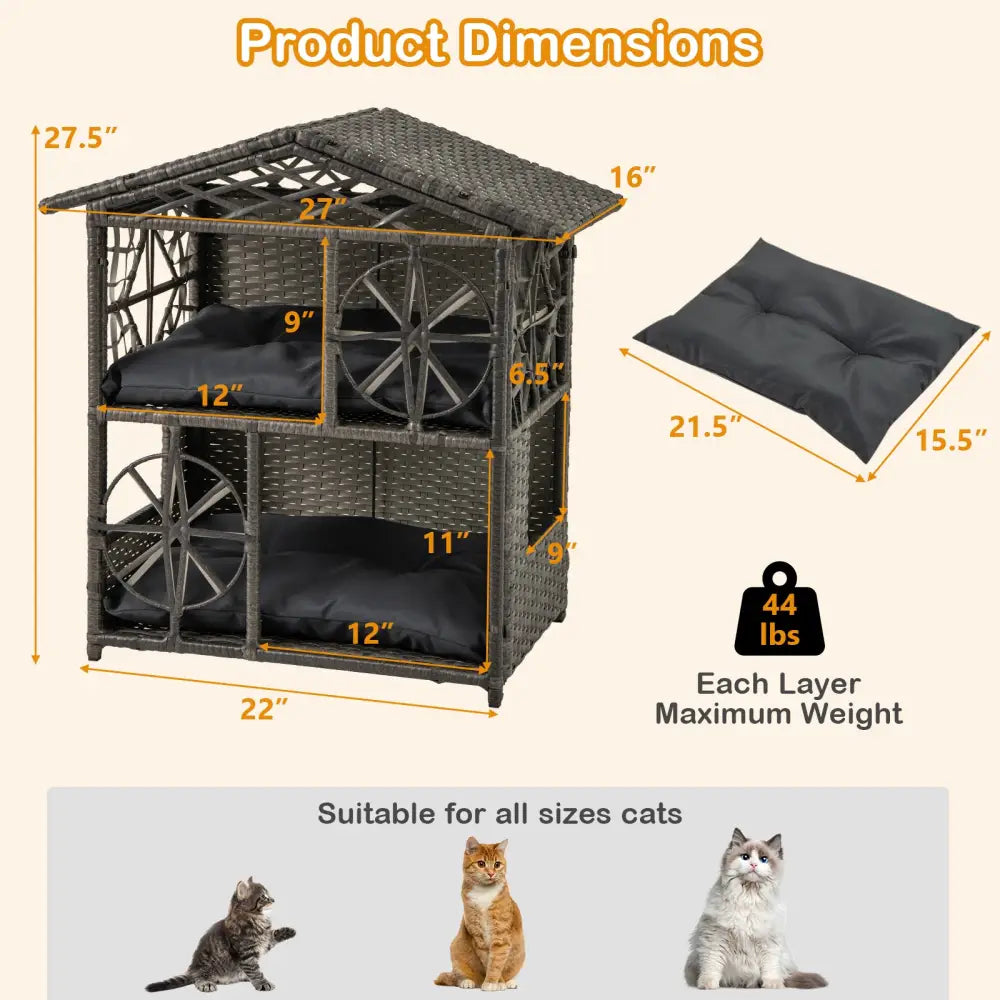 2-storey Wicker Cat House Rattan Kitten Condo Enclosure with Removable Cushions-Gray - Gray - Cat Houses