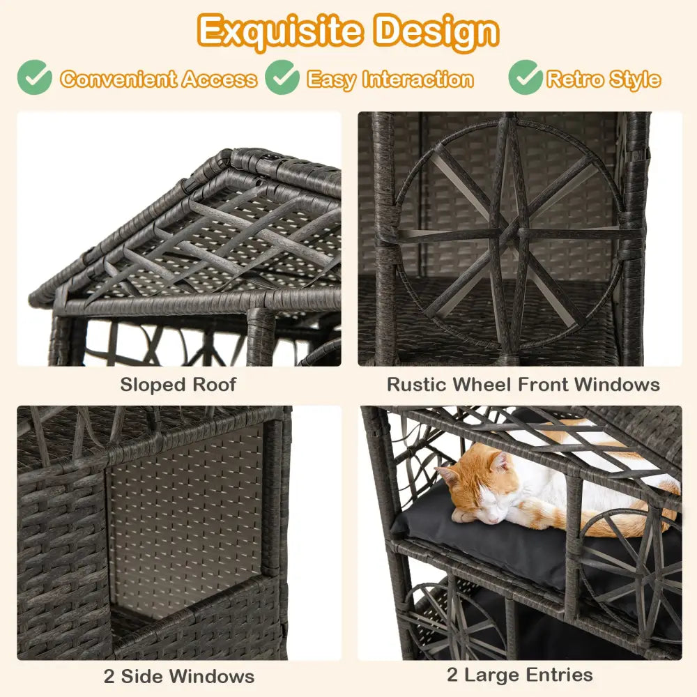 2-storey Wicker Cat House Rattan Kitten Condo Enclosure with Removable Cushions-Gray - Gray - Cat Houses