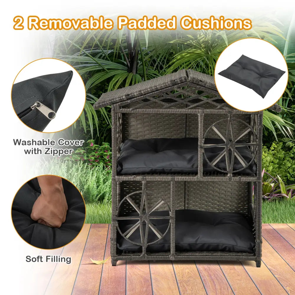 2-storey Wicker Cat House Rattan Kitten Condo Enclosure with Removable Cushions-Gray - Gray - Cat Houses