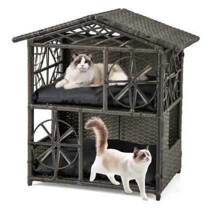2-storey Wicker Cat House Rattan Kitten Condo Enclosure with Removable Cushions-Gray - Gray - Cat Houses