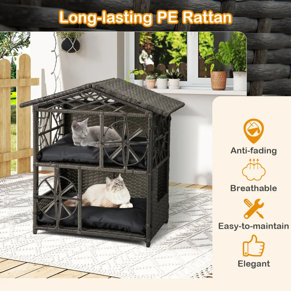 2-storey Wicker Cat House Rattan Kitten Condo Enclosure with Removable Cushions-Gray - Gray - Cat Houses
