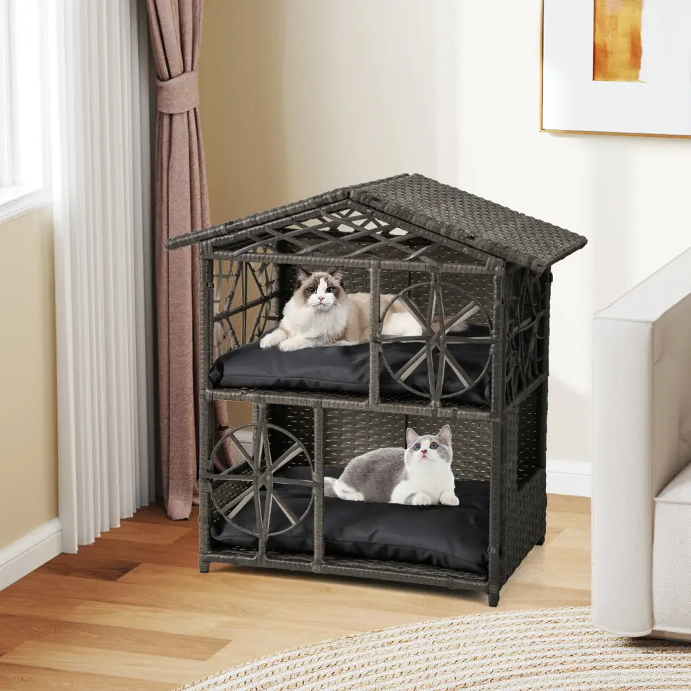 2-storey Wicker Cat House Rattan Kitten Condo Enclosure with Removable Cushions-Gray - Gray - Cat Houses