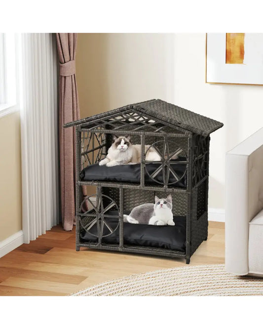 2-storey Wicker Cat House Rattan Kitten Condo Enclosure with Removable Cushions-Gray - Gray - Cat Houses