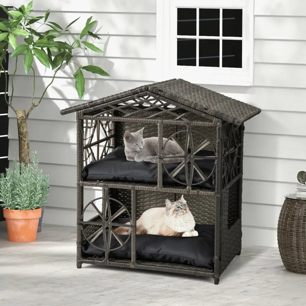 2-storey Wicker Cat House Rattan Kitten Condo Enclosure with Removable Cushions-Gray - Gray - Cat Houses