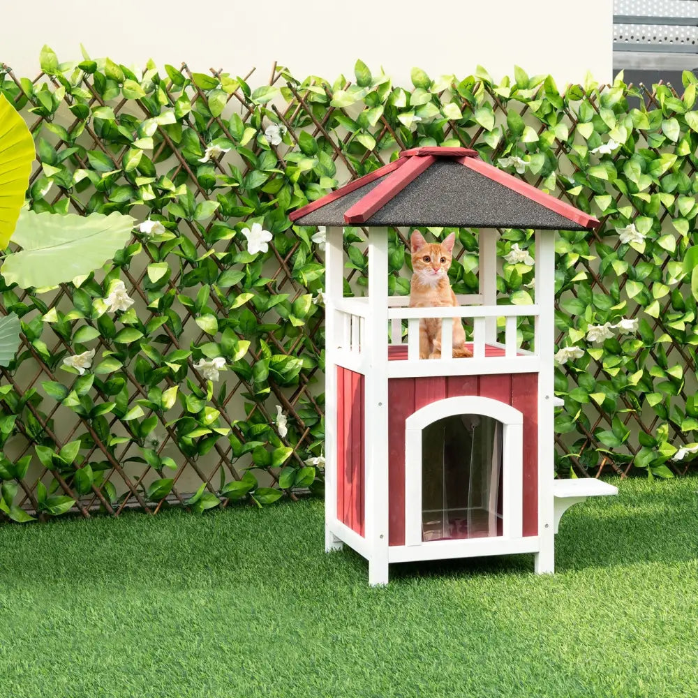 2-Story Wooden Cat House with Asphalt Roof Balcony and Rain Curtain-Red & White - Red & White - Cat Houses