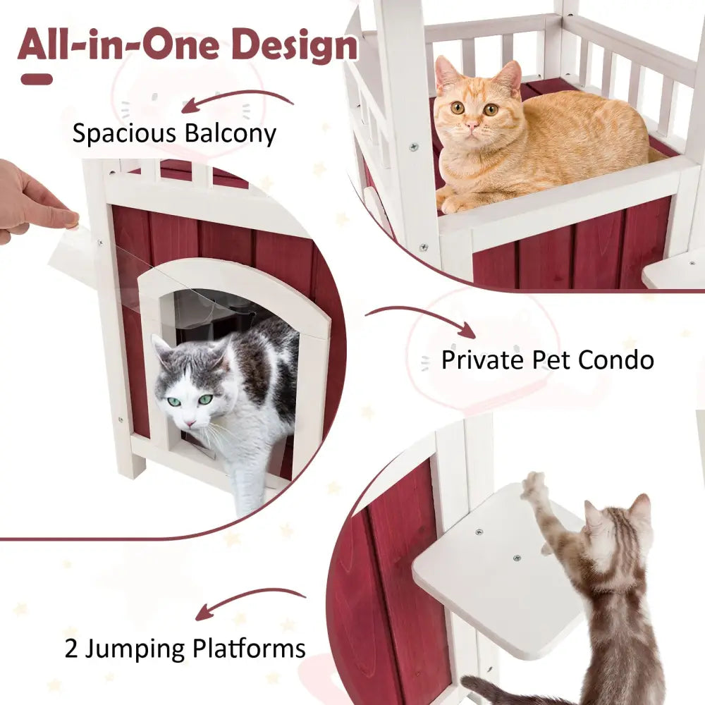 2-Story Wooden Cat House with Asphalt Roof Balcony and Rain Curtain-Red & White - Red & White - Cat Houses