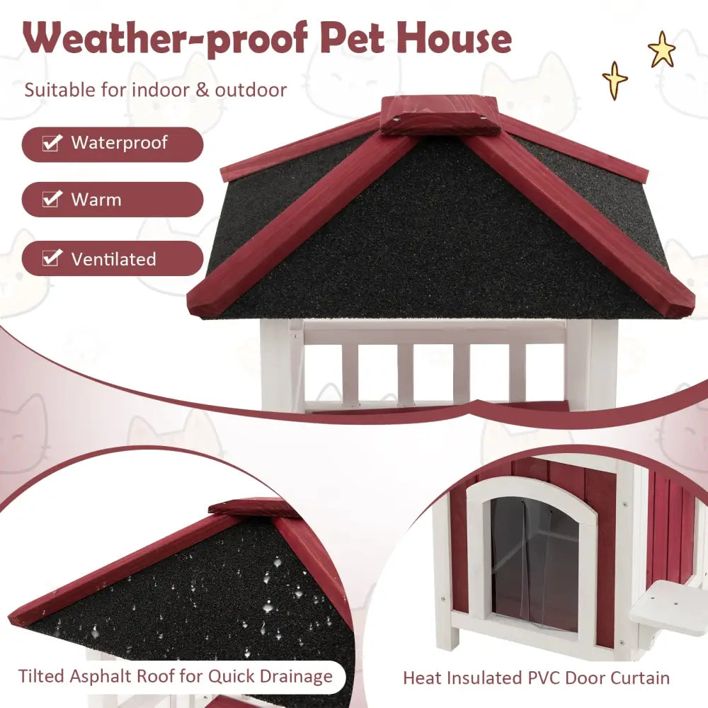 2-Story Wooden Cat House with Asphalt Roof Balcony and Rain Curtain-Red & White - Red & White - Cat Houses