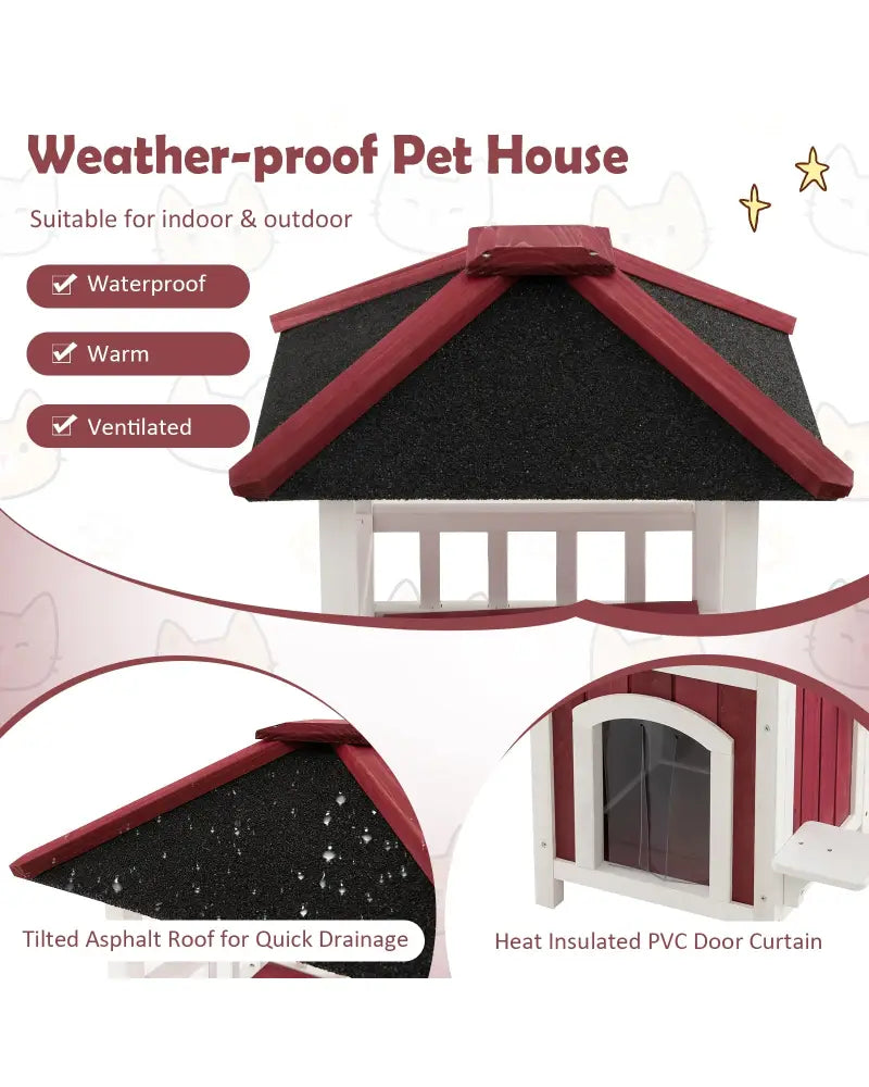 2-Story Wooden Cat House with Asphalt Roof Balcony and Rain Curtain-Red & White - Red & White - Cat Houses