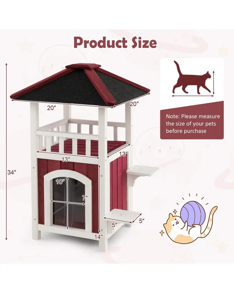 2-Story Wooden Cat House with Asphalt Roof Balcony and Rain Curtain-Red & White - Red & White - Cat Houses