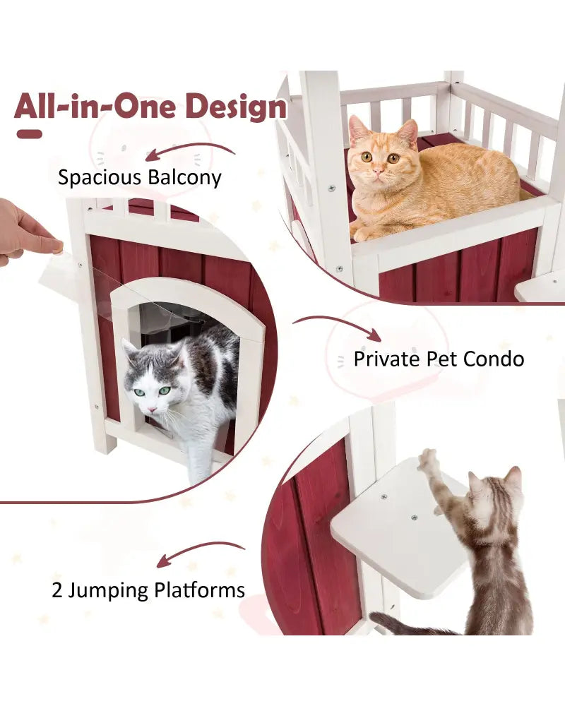 2-Story Wooden Cat House with Asphalt Roof Balcony and Rain Curtain-Red & White - Red & White - Cat Houses