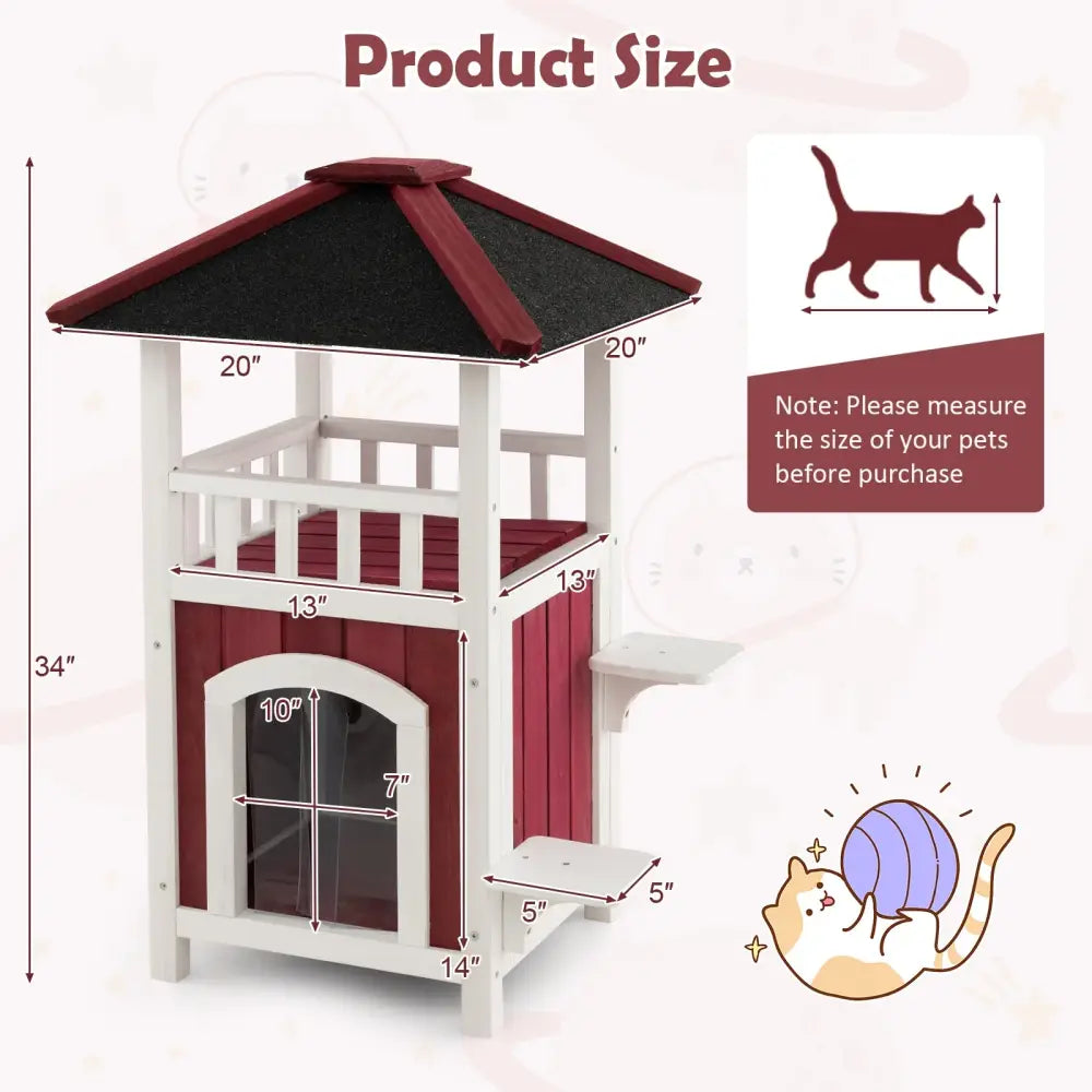 2-Story Wooden Cat House with Asphalt Roof Balcony and Rain Curtain-Red & White - Red & White - Cat Houses