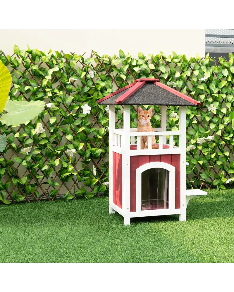 2-Story Wooden Cat House with Asphalt Roof Balcony and Rain Curtain-Red & White - Red & White - Cat Houses