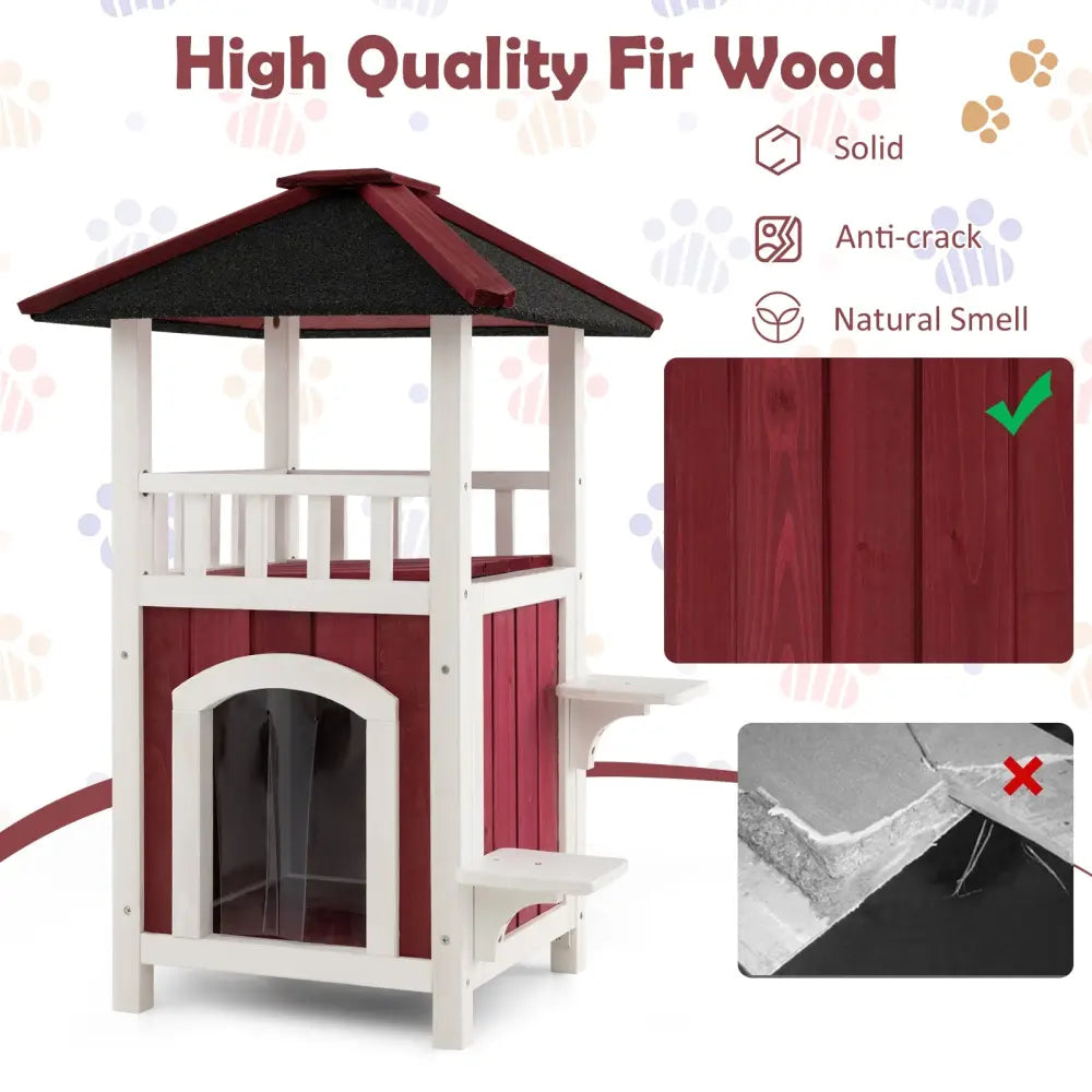 2-Story Wooden Cat House with Asphalt Roof Balcony and Rain Curtain-Red & White - Red & White - Cat Houses