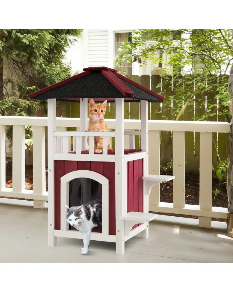 2-Story Wooden Cat House with Asphalt Roof Balcony and Rain Curtain-Red & White - Red & White - Cat Houses